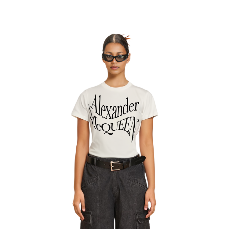 Purchase (Women) Alexander McQueen  White Logo Slim Fit Crewneck T-Shirt 781403-QZALT-0900