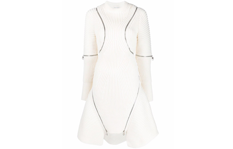 (Women) Alexander McQueen  Wool Blend Knit Dress with Zipper Detail Long Sleeve 689430-Q1AZ4-9004