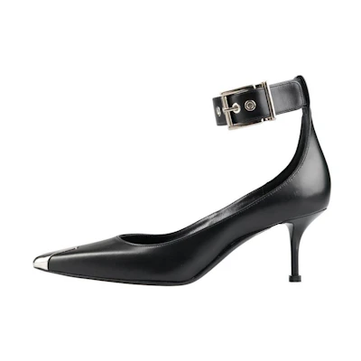 (W) Alexander McQueen Buckle Leather Heel 'Black Silver'