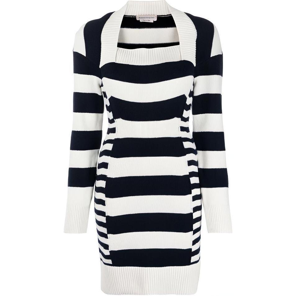 (Women) Alexander McQueen Black Striped Pattern Knit Long Sleeve Dress 650312-Q1ASU-9058