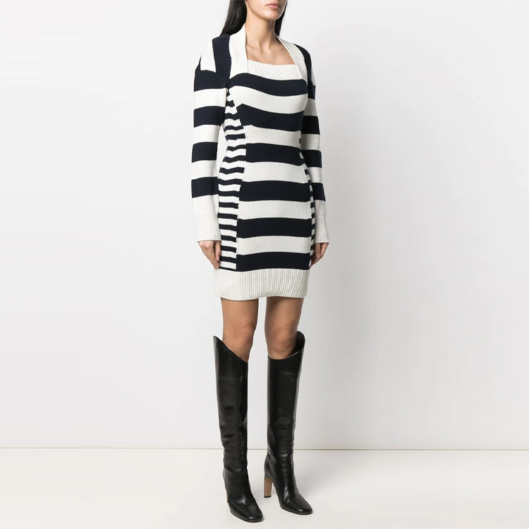 Purchase (W) 알렉산더 맥퀸 블랙 스트라이프 패턴 니트 롱 슬리브 드레스 650312-Q1ASU-9058