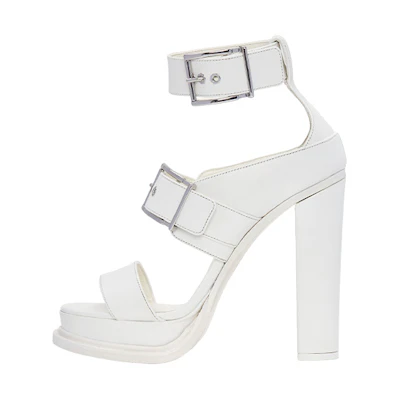(W) Alexander McQueen Calfskin Chunky-Heel Buckle Sandals 'White'
