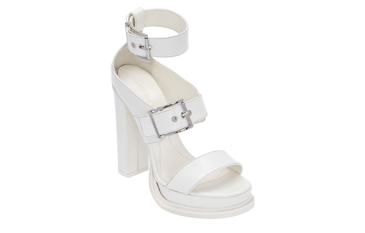 Order (W) Alexander McQueen Sandal Kulit Anak Lembu Bertumit Tebal Berikat 'Putih' 734985WHSWD9359