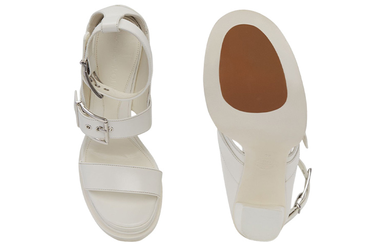 Shop Alexander McQueen 亞歷山大·麥昆 小牛皮 粗跟搭扣 時尚涼拖 12cm 女款 白色