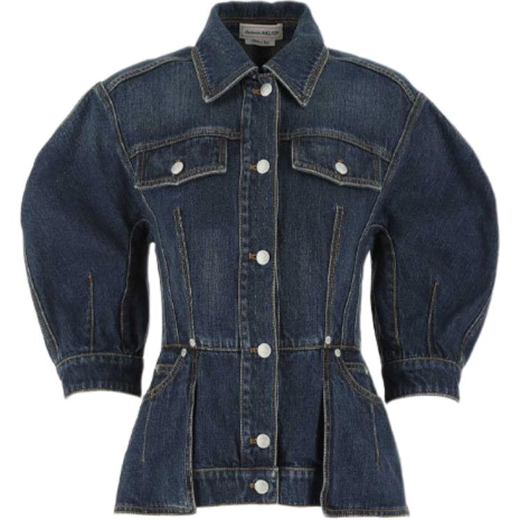 (Women) Alexander McQueen Cropped Blazer Blue with Buttoned Pockets and Lapel. 666720QMABD4098