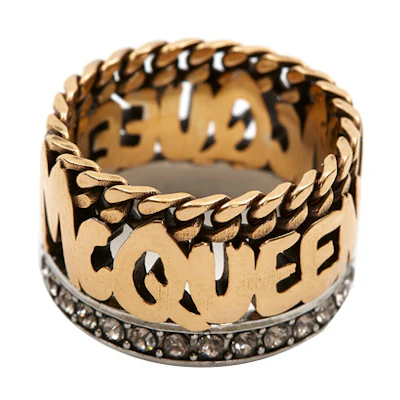 (Women) Alexander McQueen Cutout Logo Brass Ring for Women - Gold Fashion Accessory 734763-J160T-7286