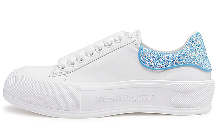 (Women) Alexander McQueen Deck Plimsoll 'White Cerulean Blue Glitter' 702047-WIABX-9761