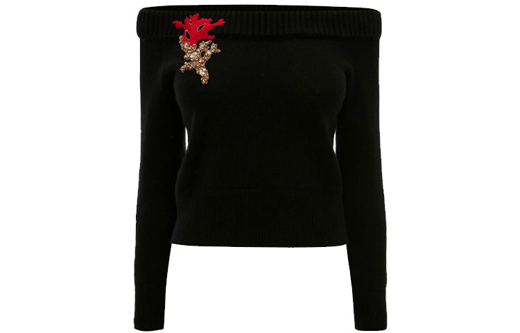 Order (W) Alexander McQueen FW21 Baju Slim Fit Rajut Sulaman Hitam 688361-Q1AYJ-1117