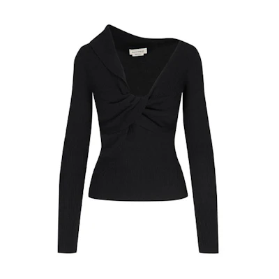 (Women) Alexander McQueen FW21 Black Slim Fit Pullover Twisted Detail Knit Sweater 650274-Q1ASB-1000