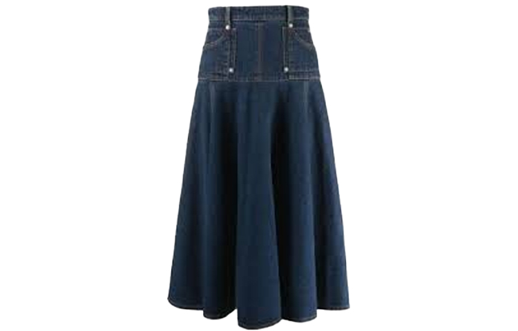 Order (W) Alexander McQueen FW21 Skirt Denim Biru High-Waisted Jahitan Kontras 663491-QMABD-4098