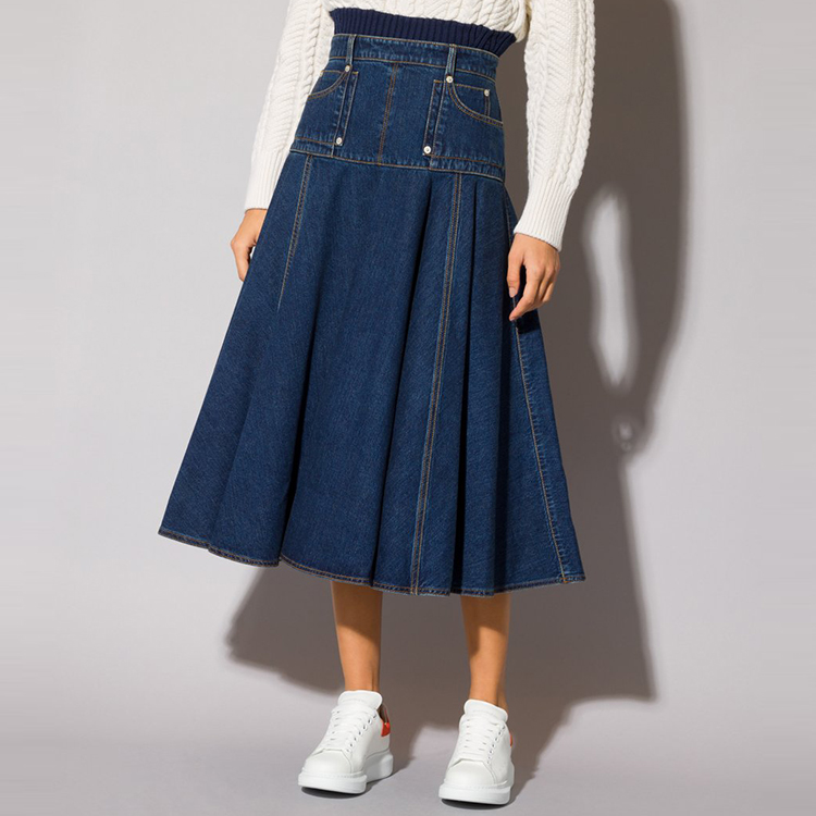 Lookbook (W) Alexander McQueen FW21 Skirt Denim Biru High-Waisted Jahitan Kontras 663491-QMABD-4098