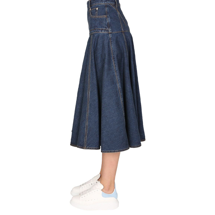 Purchase (W) Alexander McQueen FW21 Skirt Denim Biru High-Waisted Jahitan Kontras 663491-QMABD-4098