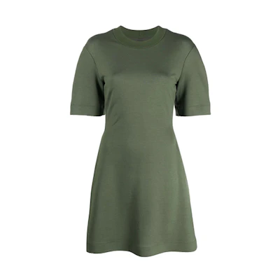 (Women) Alexander McQueen FW21 Green A-Line Logo Back Short Sleeve Dress 663090QLABD0-302