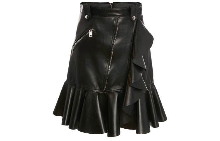 (Women) Alexander McQueen FW21 Leather Ruffle Mini Skirt Black 668445-Q5AGK-1000