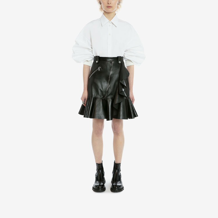 Lookbook (Women) Alexander McQueen FW21 Leather Ruffle Mini Skirt Black 668445-Q5AGK-1000