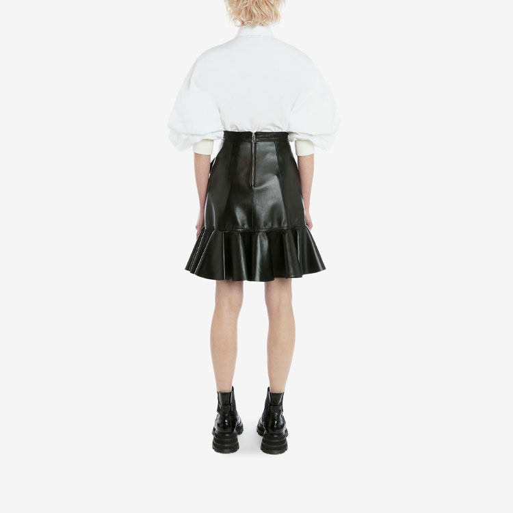 Shop (Women) Alexander McQueen FW21 Leather Ruffle Mini Skirt Black 668445-Q5AGK-1000