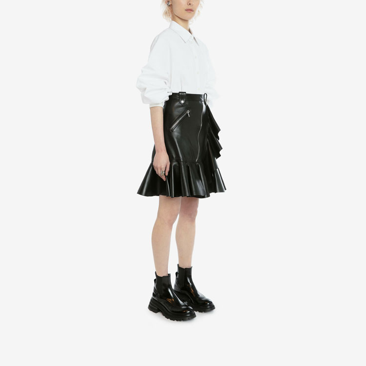 Purchase (Women) Alexander McQueen FW21 Leather Ruffle Mini Skirt Black 668445-Q5AGK-1000