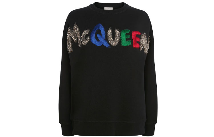 (Women) Alexander McQueen FW21 Sequin Embroidered Logo Pullover Sweatshirt Black 668496-QZADS-0507