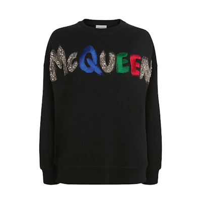 (Women) Alexander McQueen FW21 Sequin Embroidered Logo Pullover Sweatshirt Black 668496-QZADS-0507