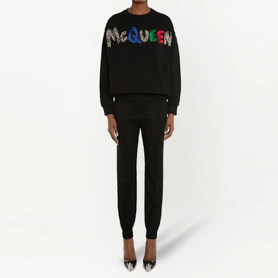 (W) 알렉산더 맥퀸 FW21 시퀸 자수 로고 풀오버 맨투맨 블랙 668496-QZADS-0507 Lookbook (W) 알렉산더 맥퀸 FW21 시퀸 자수 로고 풀오버 맨투맨 블랙 668496-QZADS-0507