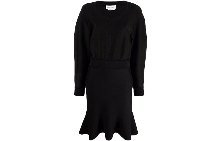 Order (W) Alexander McQueen FW21 Gaun Lengan Panjang Peplum Berikat Pendek 667746-Q1AUX-1000