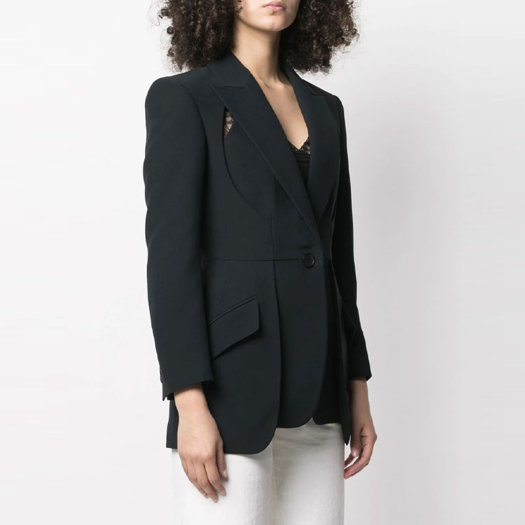 Purchase (W) Alexander McQueen FW21 Blazer Hitam Hollow Pejal. 657140-QEAAA-1000