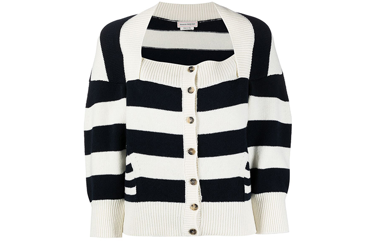 (Women) Alexander McQueen FW21 Striped Square Neck Wool Knit Sweater White 650315-Q1ASW-9058