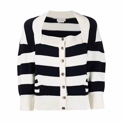 (Women) Alexander McQueen FW21 Striped Square Neck Wool Knit Sweater White 650315-Q1ASW-9058