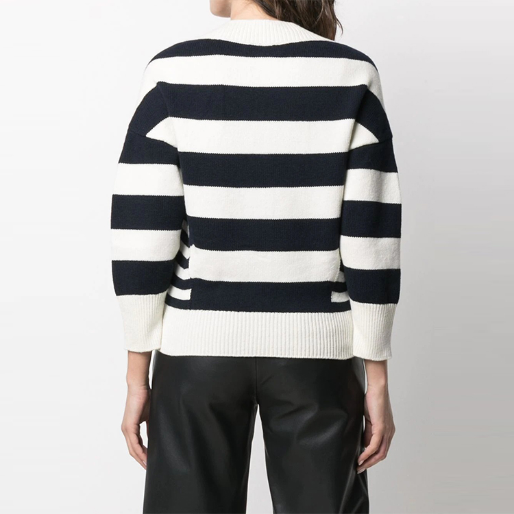 Shop (W) Alexander McQueen FW21 Baju Sweater Kain Wool Leher Petak Berjalur Putih 650315-Q1ASW-9058