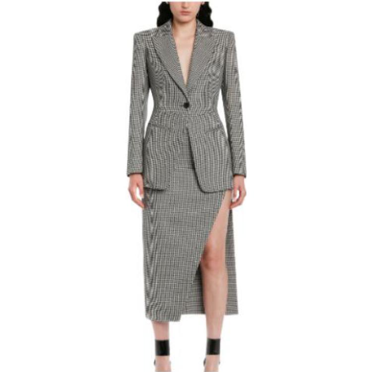 Lookbook (W) Alexander McQueen FW22 Blazer Hitam Corak Houndstooth Single-Button. 715335QKAA11080