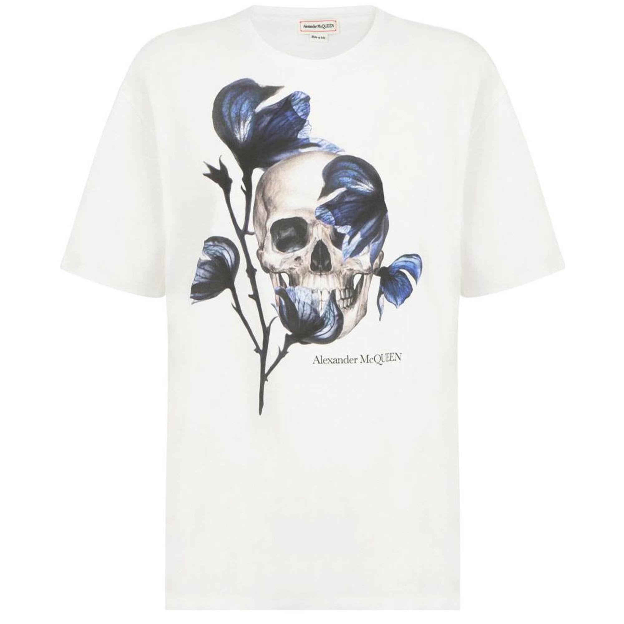 (Women) Alexander McQueen FW22 Floral Skull Logo Print White Tee  Round Neck. 711381-QZAGS-0900