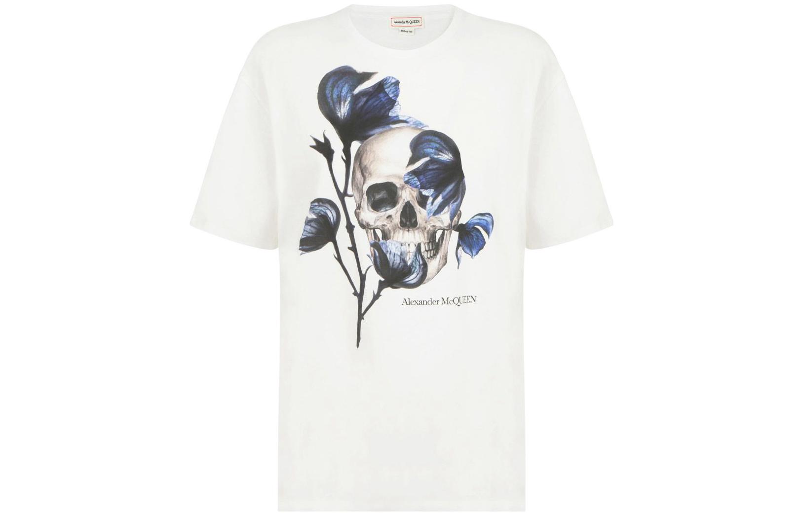Order (Women) Alexander McQueen FW22 Floral Skull Logo Print White Tee  Round Neck. 711381-QZAGS-0900