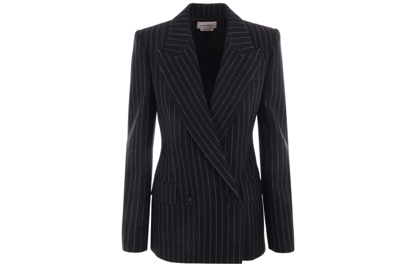 Order (W) Alexander McQueen FW23 Blazer Hitam Garis Pinstripe Double-Breasted. 768496-QJAD3-1080