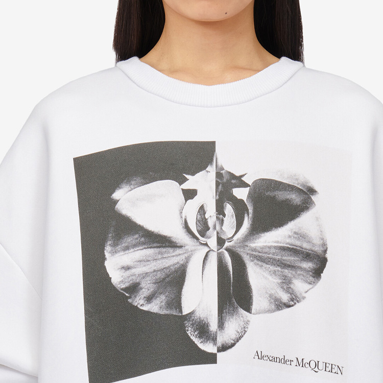 Details for (Women) Alexander McQueen FW23 Floral Logo Print Crewneck Sweatshirt Women White. 769931-QZAKM-0900
