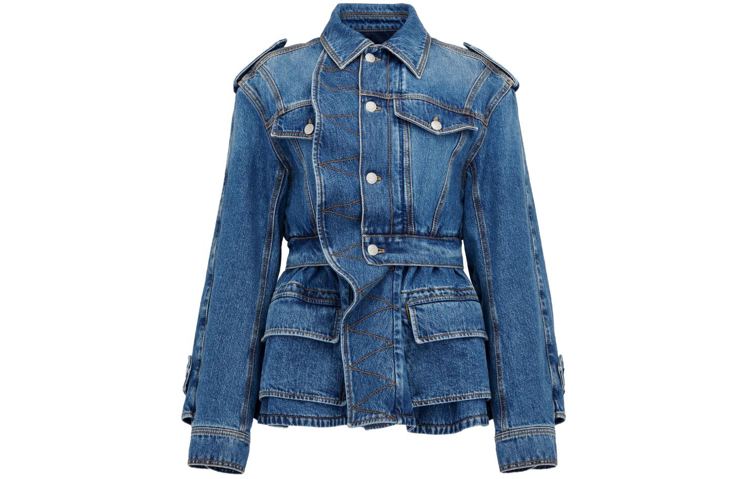 (Women) Alexander McQueen FW23 Washed Ruffle Denim Jacket Women’s Stretchable 775897-QMABJ-4109