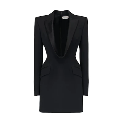 (Women) Alexander McQueen FW24 Black V-Neck Zipper Long Sleeve Mini Dress 794709-QJAAC-1000