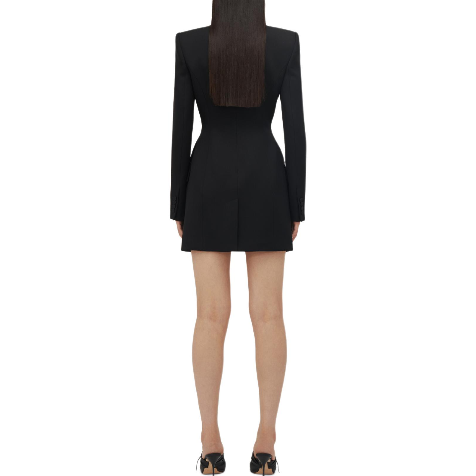 Shop (Women) Alexander McQueen FW24  Black V-Neck Zipper Long Sleeve Mini Dress 794709-QJAAC-1000