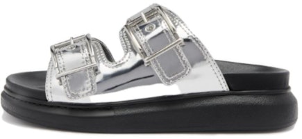 (Women) Alexander McQueen Gabine Buckled Leather Slides 'Silver Black' 783254W4WG18100 (Women) Alexander McQueen Gabine Buckled Leather Slides 'Silver Black' 783254W4WG18100