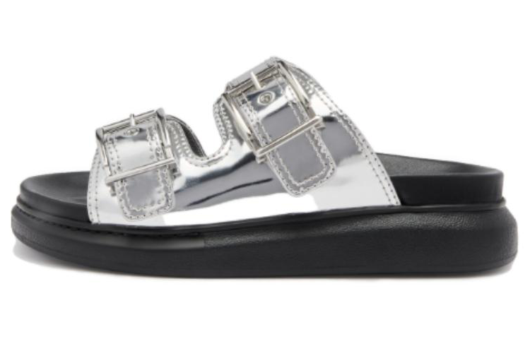 (Women) Alexander McQueen Gabine Buckled Leather Slides 'Silver Black' 783254W4WG18100
