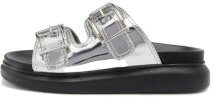(Women) Alexander McQueen Gabine Buckled Leather Slides 'Silver Black' 783254W4WG18100 (Women) Alexander McQueen Gabine Buckled Leather Slides 'Silver Black' 783254W4WG18100