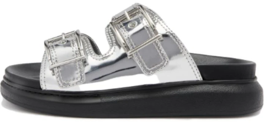 (Women) Alexander McQueen Gabine Buckled Leather Slides 'Silver Black' 783254W4WG18100 Buy (Women) Alexander McQueen Gabine Buckled Leather Slides 'Silver Black' 783254W4WG18100