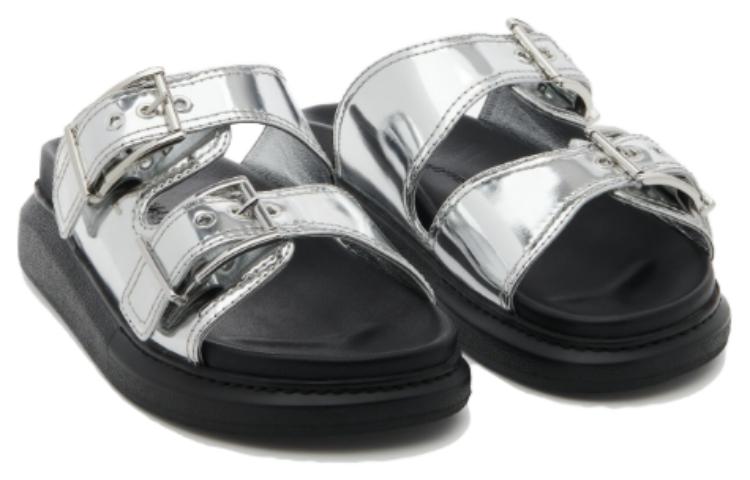 Lookbook (Women) Alexander McQueen Gabine Buckled Leather Slides 'Silver Black' 783254W4WG18100