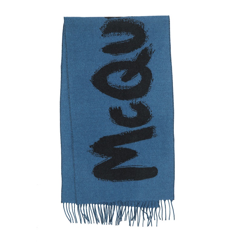 (Women) Alexander McQueen Graffiti Logo Wool Fringe Scarf Navy Unisex 7075373200Q4460
