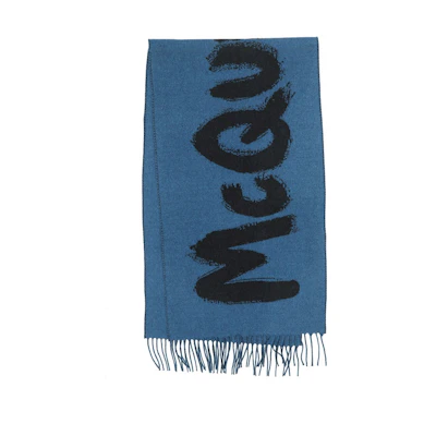 (Women) Alexander McQueen Graffiti Logo Wool Fringe Scarf Navy Unisex 7075373200Q4460