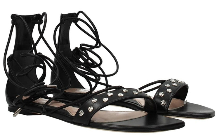 Order (W) Alexander McQueen Leren Platte Sandalen ''Zwart'' 571640WHMUJ1081