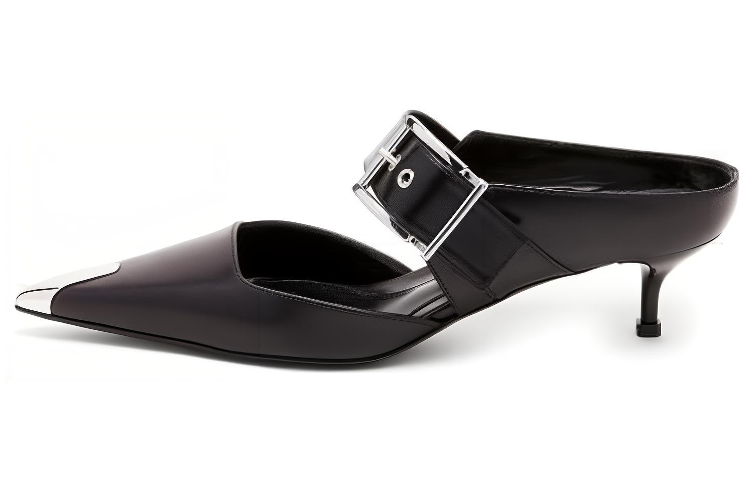 Buy (W) 亚历山大·麦昆 皮革尖头4厘米露背时尚拖鞋'朋克黑' 757514WIEA11081