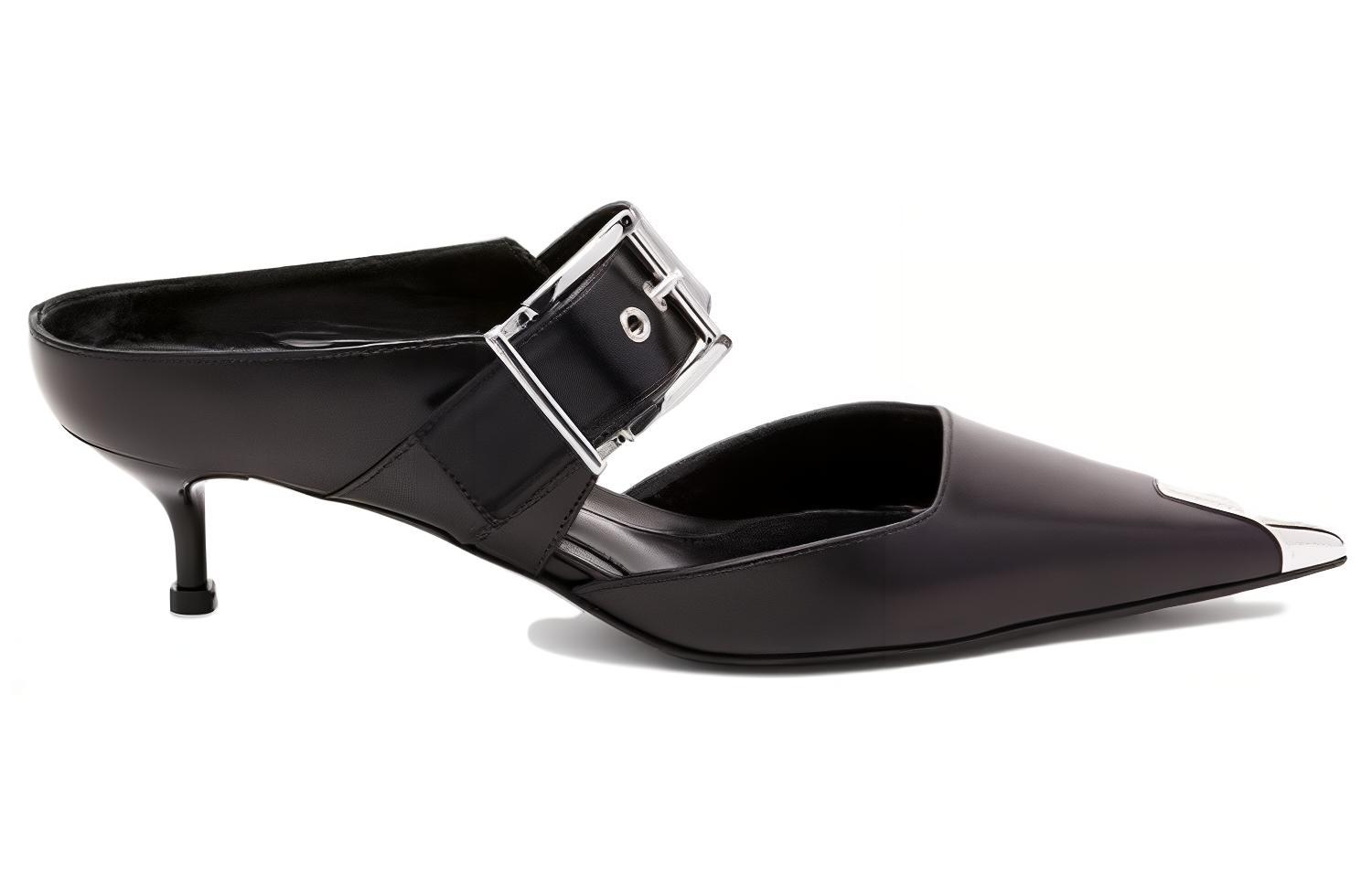 Order (W) 亚历山大·麦昆 皮革尖头4厘米露背时尚拖鞋'朋克黑' 757514WIEA11081