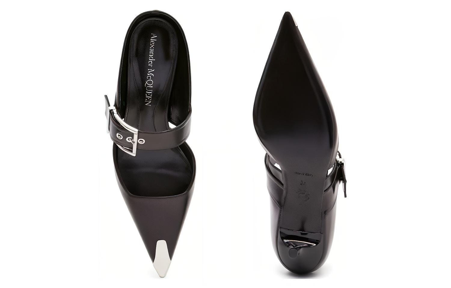 Lookbook (W) 亚历山大·麦昆 皮革尖头4厘米露背时尚拖鞋'朋克黑' 757514WIEA11081