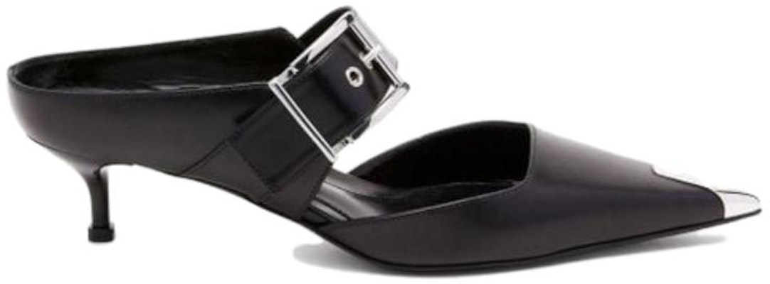 (W) Alexander McQueen Kulit Terbuka Tumit Runcing Fesyen Slip 4cm 'Punk Hitam' 757514WIEA11081 Order (W) Alexander McQueen Kulit Terbuka Tumit Runcing Fesyen Slip 4cm 'Punk Hitam' 757514WIEA11081