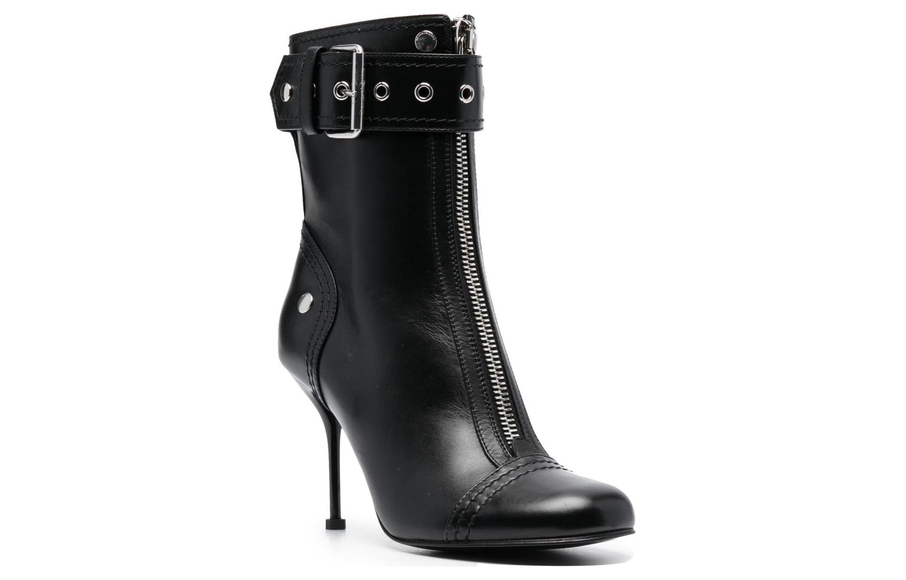 Lookbook (W) Stivaletto Tacco Stiletto in Pelle Alexander McQueen Punta Tonda ''Nero'' 757505WIDR3
